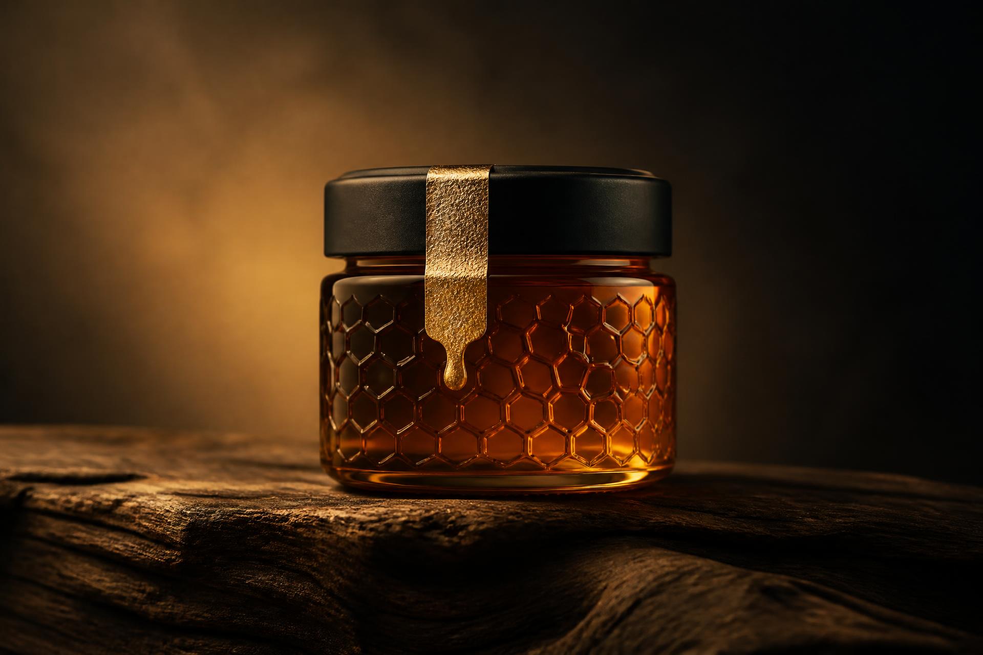 A single numbered jar of CONFESSA honey resting on aged oak